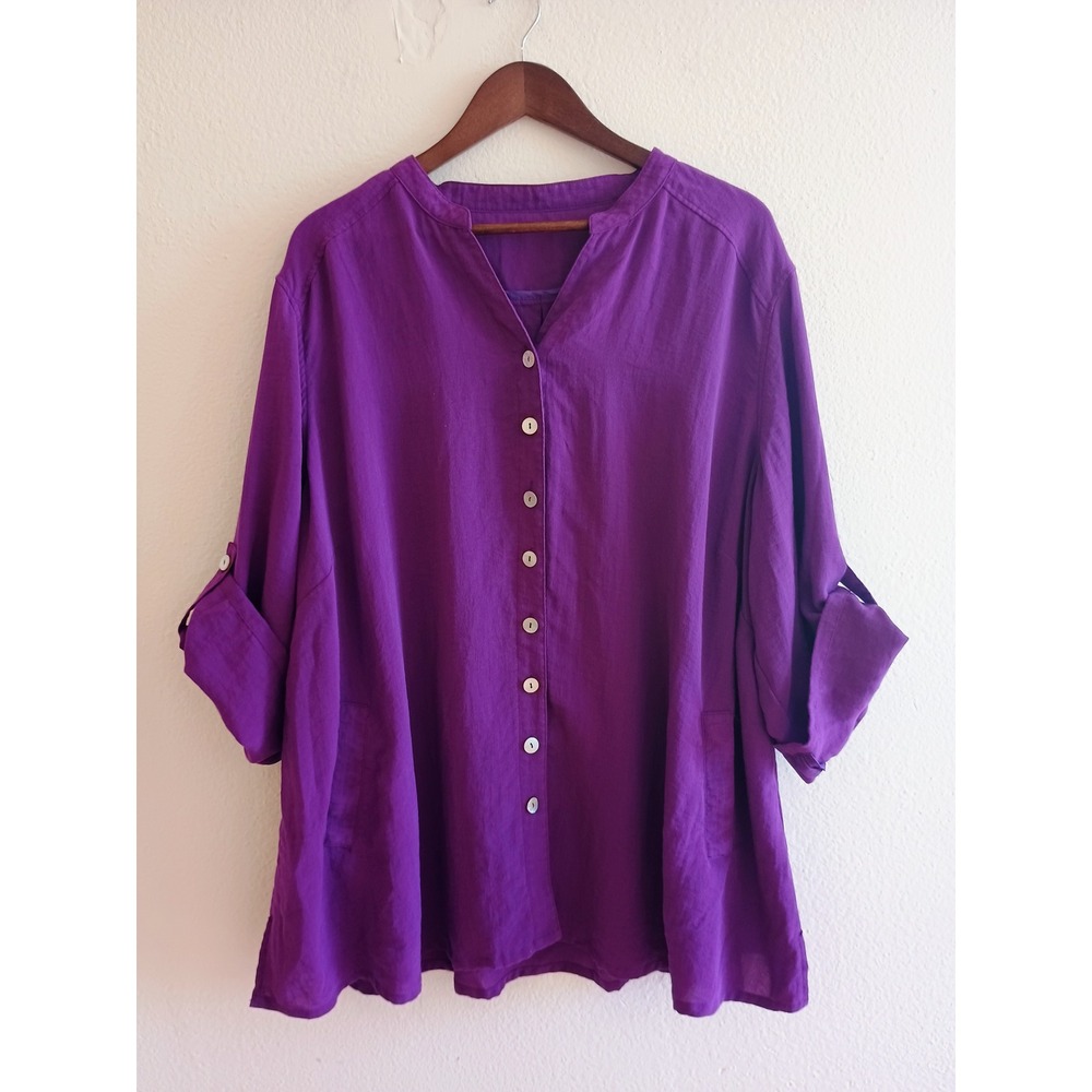 Fridaze Linen Purple Button Down Tunic Top 3/4 Roll Tab Sleeve 2X Lagenlook